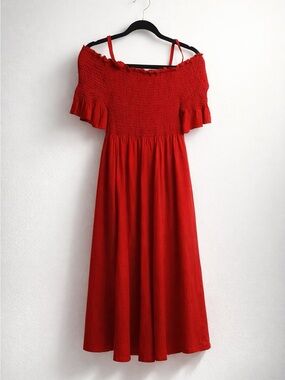 Red Smocked Midi Dress - Women Dresses
